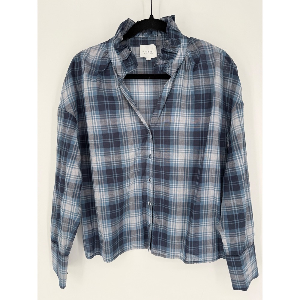 WE ARE SUNDAYS WEBER SHIRT MIDNIGHT PLAID RUFFLE‎ COLLAR BUTTON DOWN MEDIUM